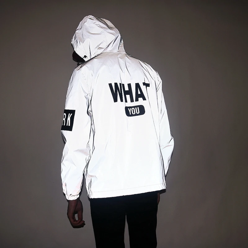

Aolamegs Men Reflective Jacket Funny Letter Printed Thin Windbreaker Waterproof Jacket Hip Hop Zipper Hooded Sportswear