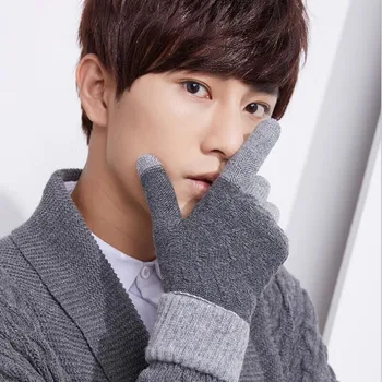 

SUOGRY Men Knitted Winter Autumn Gloves Men Smartphone Using Gloves High Quality Plus Velvet Thin Holid hot Mittens Business