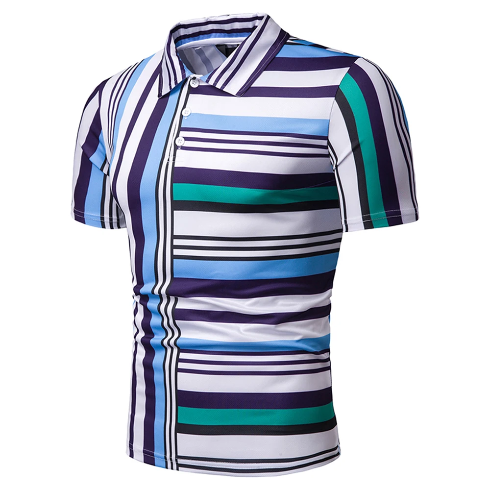 Men's casual turn-down collar polo Shirt casual tops striped short sleeve Polo Shirt breathable simple style male summer