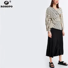 ROHOPO Women Polka Dot Chiffon Blouse Patchwork Striped Belted Bow Autumn Top Shirt Blouse Long Sleeve Tunic Clothe #AZ9289 self belted striped wrap top