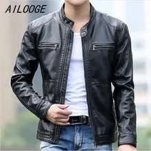 AILOOGE Новая мужская кожаная короткая тонкая одежда дизайн стоячий воротник Повседневная мотоциклетная кожаная куртка мужская повседневная английское пальто Cuir