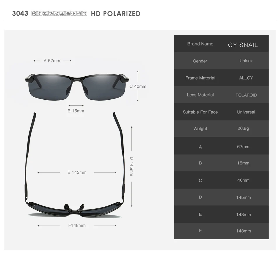 GY улитка бренд Солнцезащитные очки для женщин Для мужчин поляризационные без оправы поляризованные солнцезащитные очки Квадратные