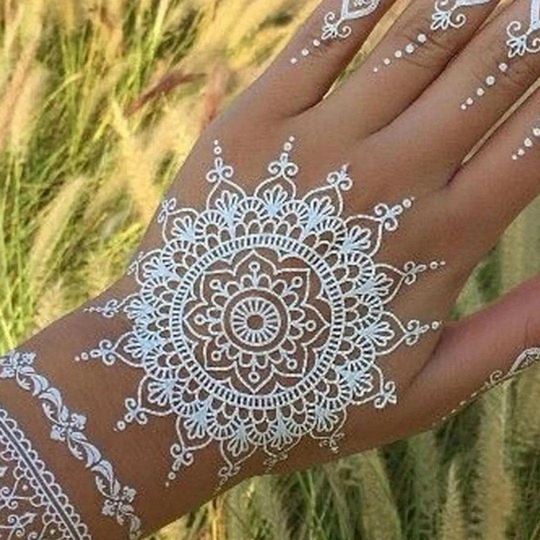 Shellhard 1 Sheet Henna White Lace Mandala Flower Temporary Body Hand Tattoo Sticker Waterproof Tattoo Sticker For Wedding