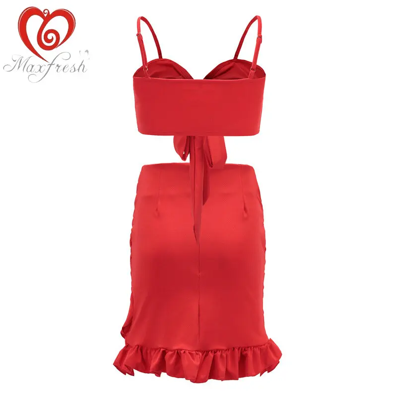Maxfresh рюшами Холтер женщин платье vestidos сексуальная v nerk праздничное лето галстук