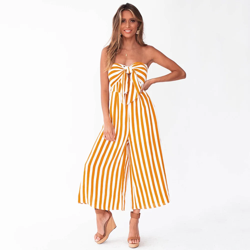 

Front Knot Strapless Stripe Women Summer Wide Leg Jumpsuit 2019 Elegant Woman Bodysuit LT08