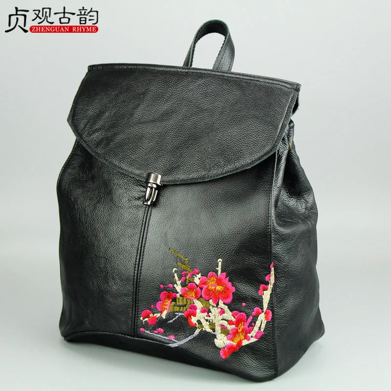 

Genuine Leather Embroidery Women Backpack Handmade Ethnic The First Layer Cowhide Lady Bagpack Vintage Girl Travel School 19 Bag