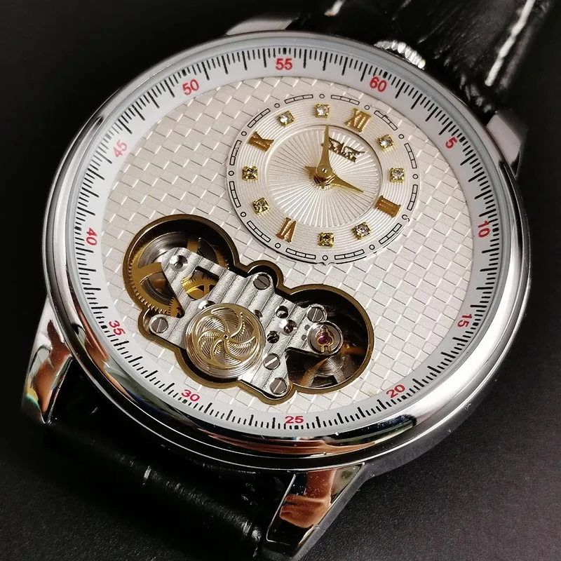 

Fashion Tourbillon Mens Watches Automatic Watch Silver Case Male Clock Black Leather Mechanical Watch Relogio Masculino