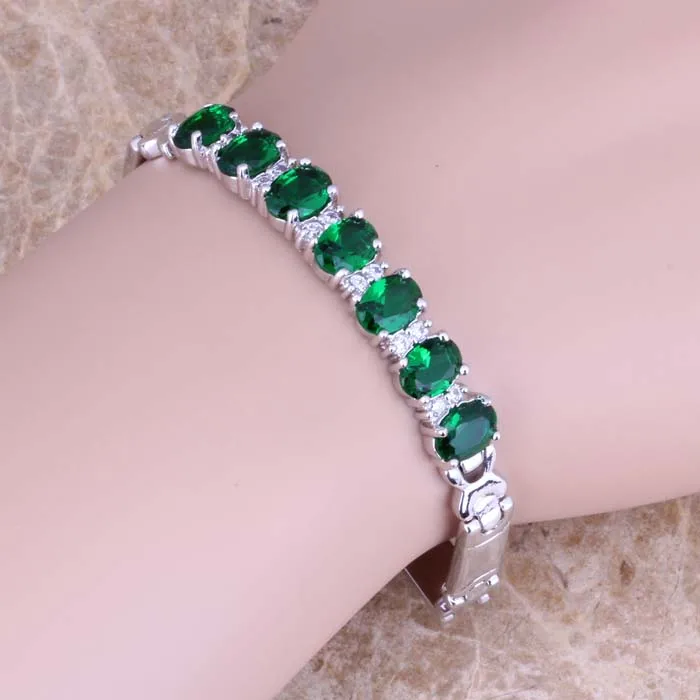 

Delicate Green Cubic Zirconia White CZ 925 Sterling Silver Link Chain Bracelet 7 inch S0518