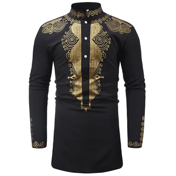 

Mens' African Cotton Tee Polished Dashiki Print Shirt Longline Tunic Traditional Stand Collar Long Sleeves Button Tops For Men