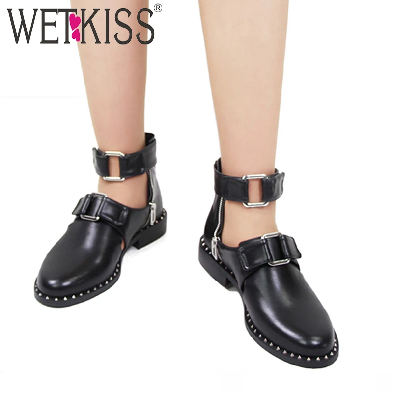 

WETKISS Low Heels Summer Ladies Boot Rivet Metal Decoration Zipper Buckle Round Toe Footwear Fashion Neutral Girl Shoes 2018 New