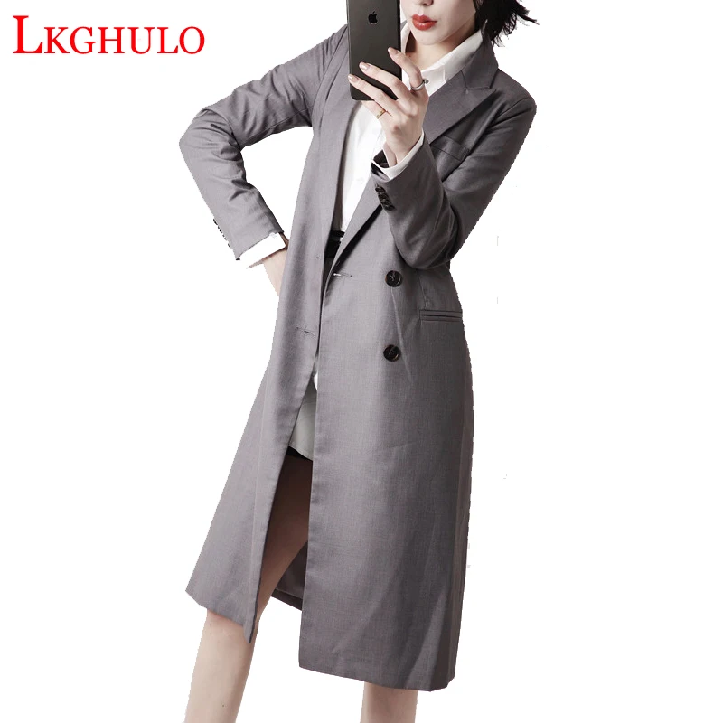 2018 новые осенние длинные женские блейзеры куртки две пуговицы серый пиджак куртка женщин случайный с длинными рукавами блейзер Feminino Longo A822