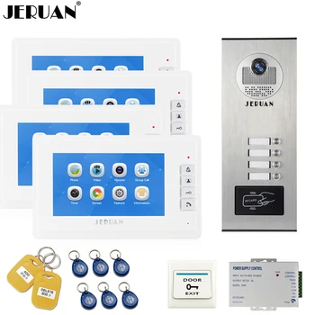 

JERUAN 7 inch Video Door Phone Record Intercom system RFID Access Entry Security Kit For 4 Apartment Camera to 4 Household