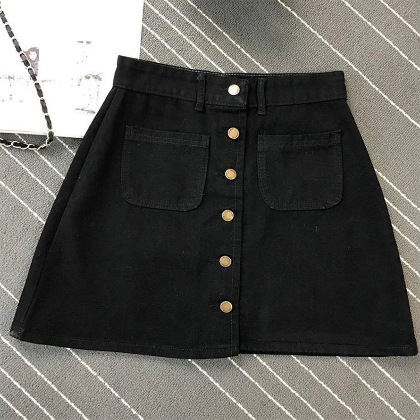 Однотонные короткие джинсовые юбки трапециевидной формы с высокой талией, Женская Повседневная мини-юбка на пуговицах с карманами, летняя женская модная простая джинсовая юбка