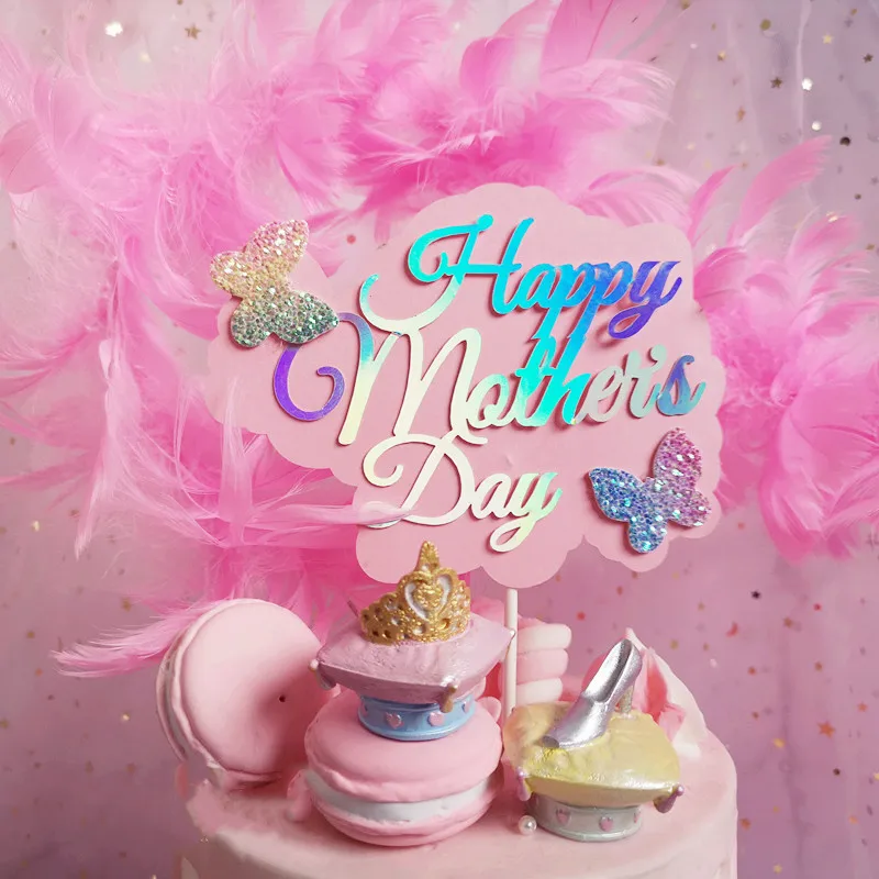 

Mother's Day Cake Decorations BlingBling Colourful Butterfly "Happy Birthday" Cake Topper Dessert Decor For Party