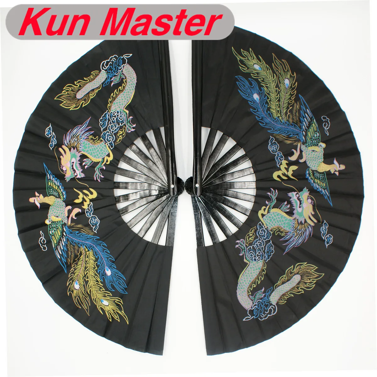 Бамбуковый двойной Высококачественный Вентилятор Tai Chi для боевых искусств вентилятор кунг-фу черный чехол китайский дракон и Феникс узор
