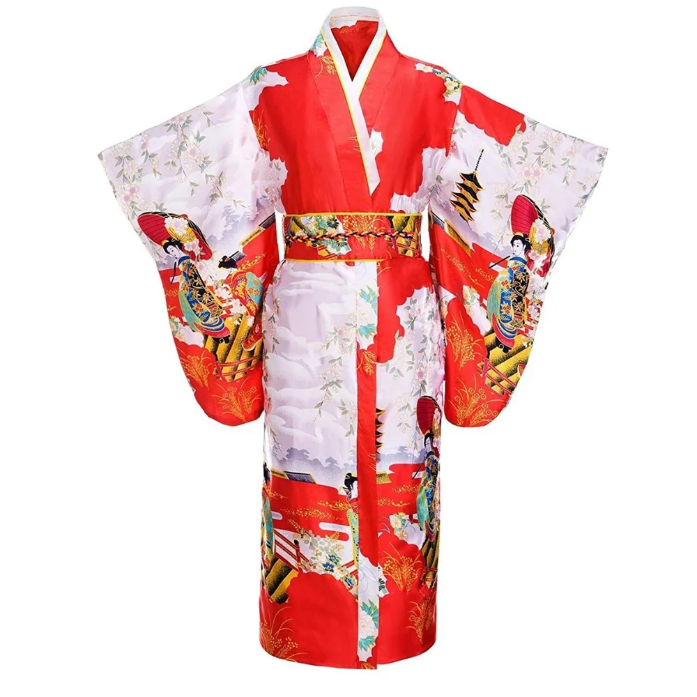 Красный японский Винтаж оригинальной традиции шелк юката кимоно платье с Оби Один размер H0044-1