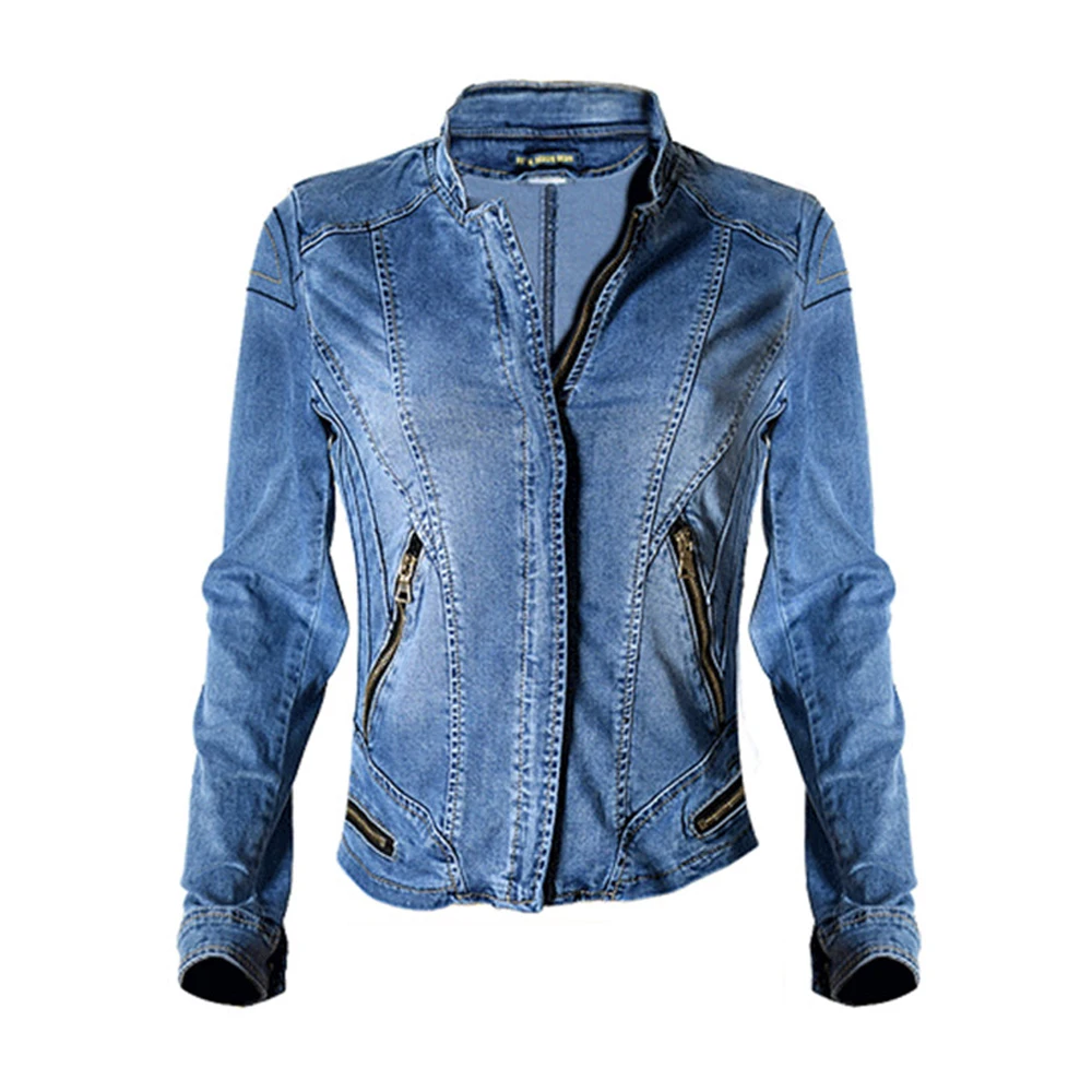 

2017 Dreamskull New Stand Collar Women Baseball Jackets Stretch Denim Jacket Multi-zipper Short Motor Style Chaqueta Female Coat