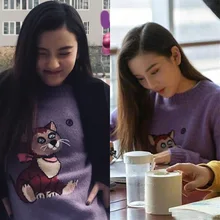 Song Zuer Star's New Purple Cartoon Cat Long Sleeve Sweater with Loose Round Neck and Bottom Knitted Sweater Women 2019 Song Zuer Star's New Purple Cartoon Cat Long Sleeve Sweater with Loose Round Neck and Bottom Knitted Sweater Women 2019