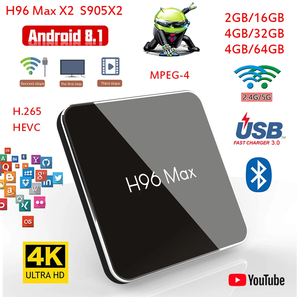 

H96 Max X2 Android 8.1 TV Box Amlogic S905X2 Quad Core 2GB/16GB 4GB/32GB 4GB/64GB Dual 2.4G&5GHz Wifi BT H.265 4K HD Set-top Box