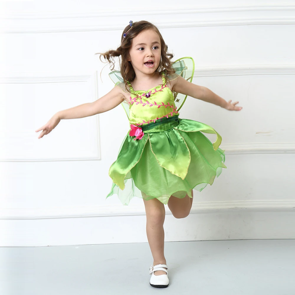 Включает крыло) принцесса Динь-Динь Лесной Феи платье Хэллоуин Косплей Костюм для детей Феи девушки зеленый платье с крыльями