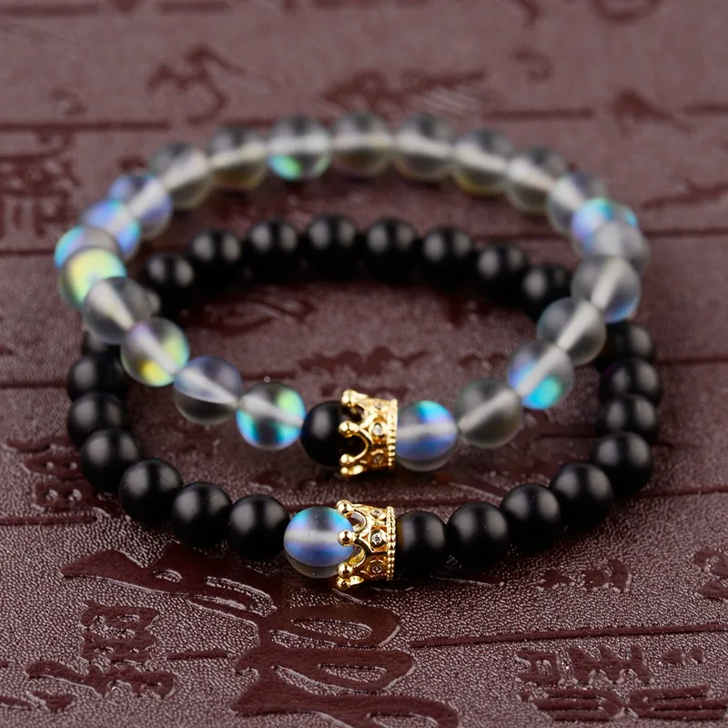 DOUVEI 2018 Couple Bracelet Beads Crown Distance Natural Moonstone Bracelets For Women Men Jewelry Customized Valentine Gift