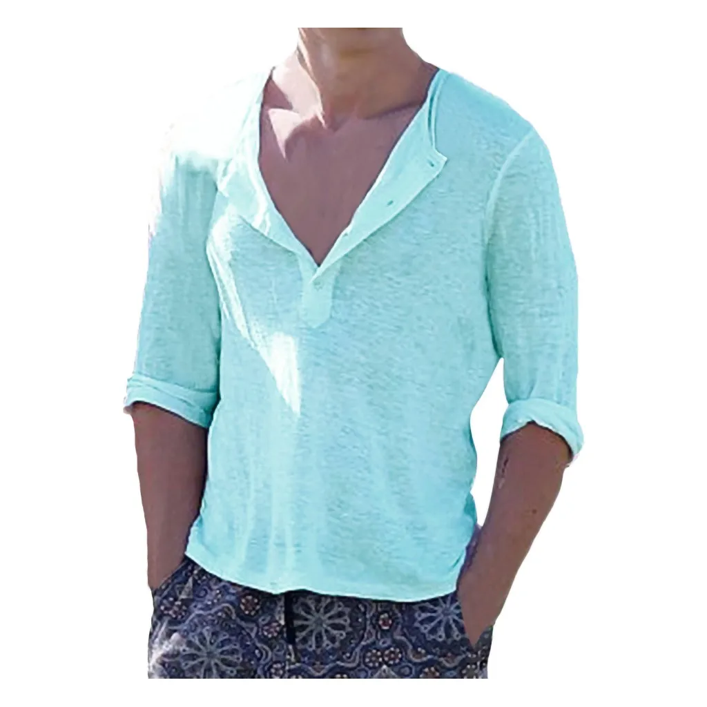 Мужская рубашка Лето Повседневная льняная рубашка мужская с коротким рукавом из полиэстера Мужская модная приталенная рубашка на пуговицах с v-образным вырезом Топ Блузка W413 - Цвет: Небесно-голубой