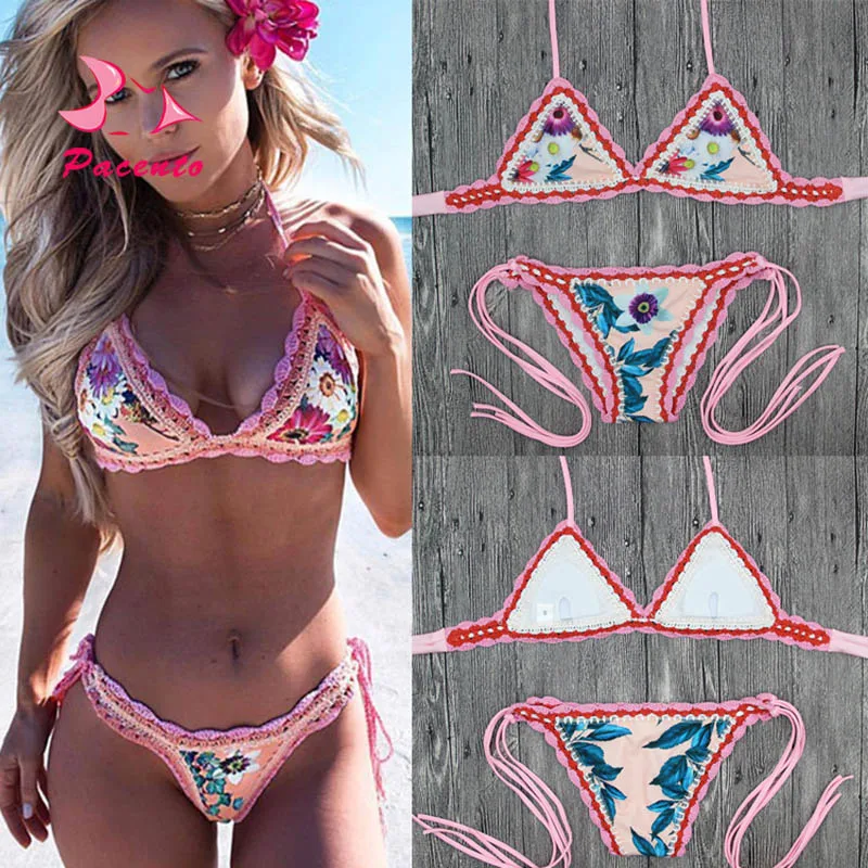 

Pacento 2018 New Vintage Printed Swimwear Women Sexy Pink Crochet Bikini Push Up Brazilian Handmade Knitted Bathing Suit Bather