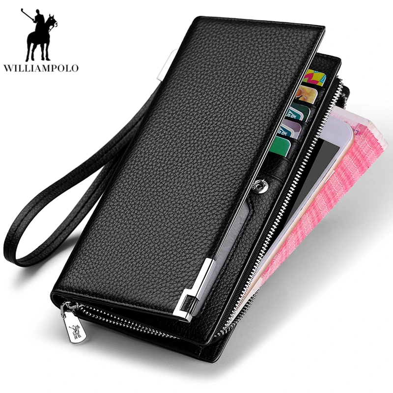 

Williampolo Fashion Long Design Business Genuine Cow Leather Wallet Man Metal Phone Purse Black Portefeuille homme PL129