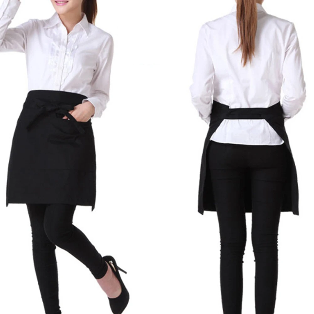 Universal Unisex Women Men Kitchen Cooking Black Waist Apron Short Apron Waiter Apron With Double Pockets 40*60cm