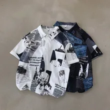 Летняя модная мужская уличная одежда с газетным принтом, рубашки в стиле хип-хоп, рубашки с коротким рукавом, винтажные хлопковые черные рубашки на пуговицах, 5XL