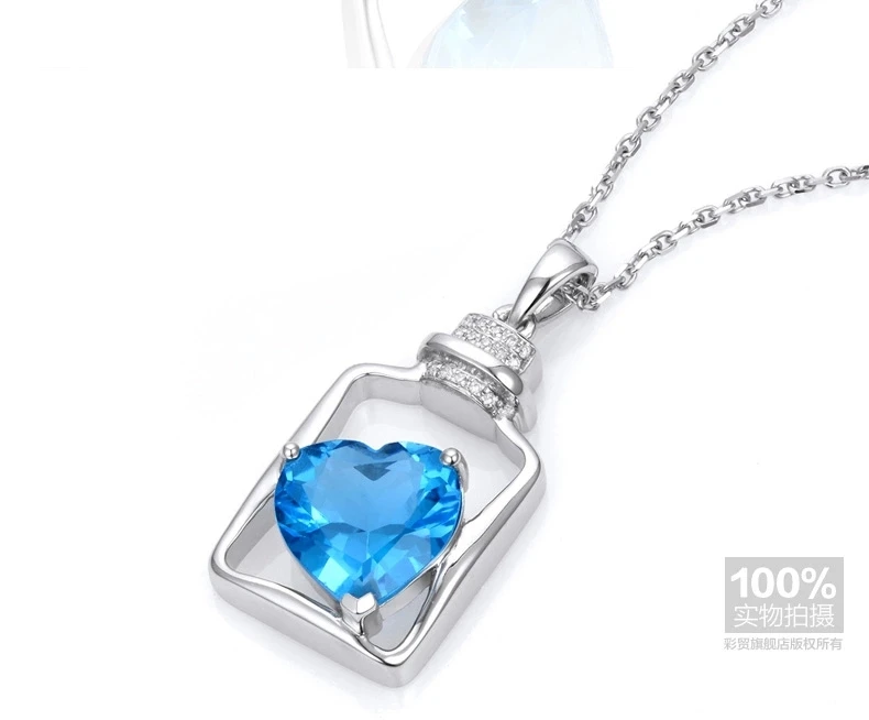 CaiMao 18KT/750 White Gold 3.83 ct Natural IF Blue Topaz & 0.05 ct Full Cut Diamond Engagement Gemstone Pendant Jewelry