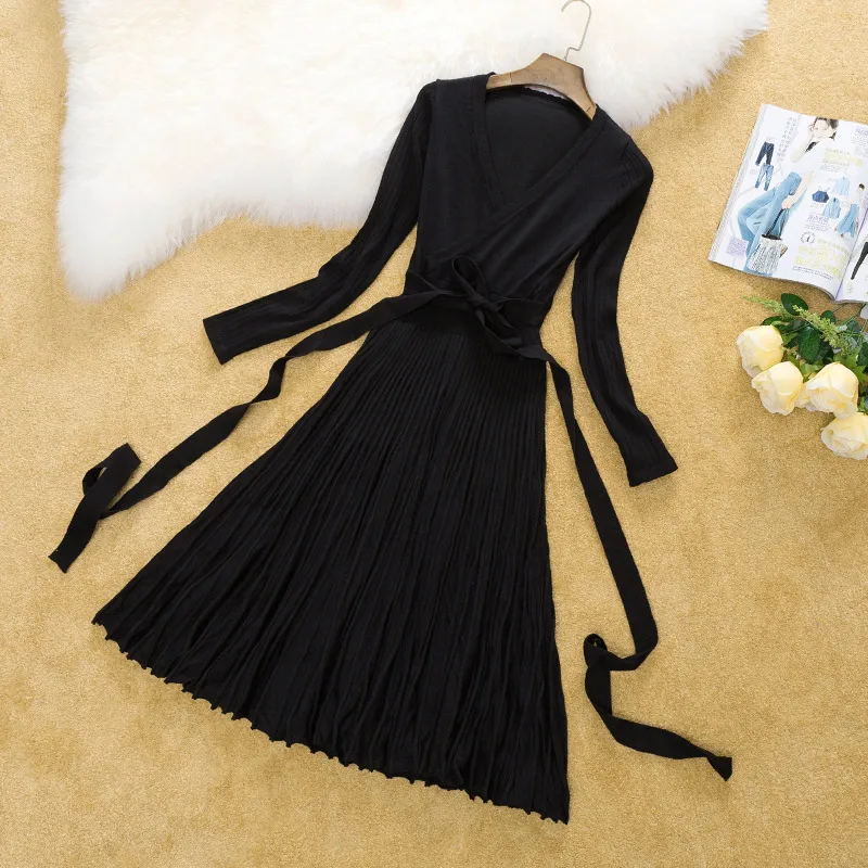 Высокое качество, v-образный вырез, повседневное Плиссированное трикотажное женское платье, Новое поступление, длинный рукав, Осень-зима, платье для женщин, элегантное платье - Цвет: Черный