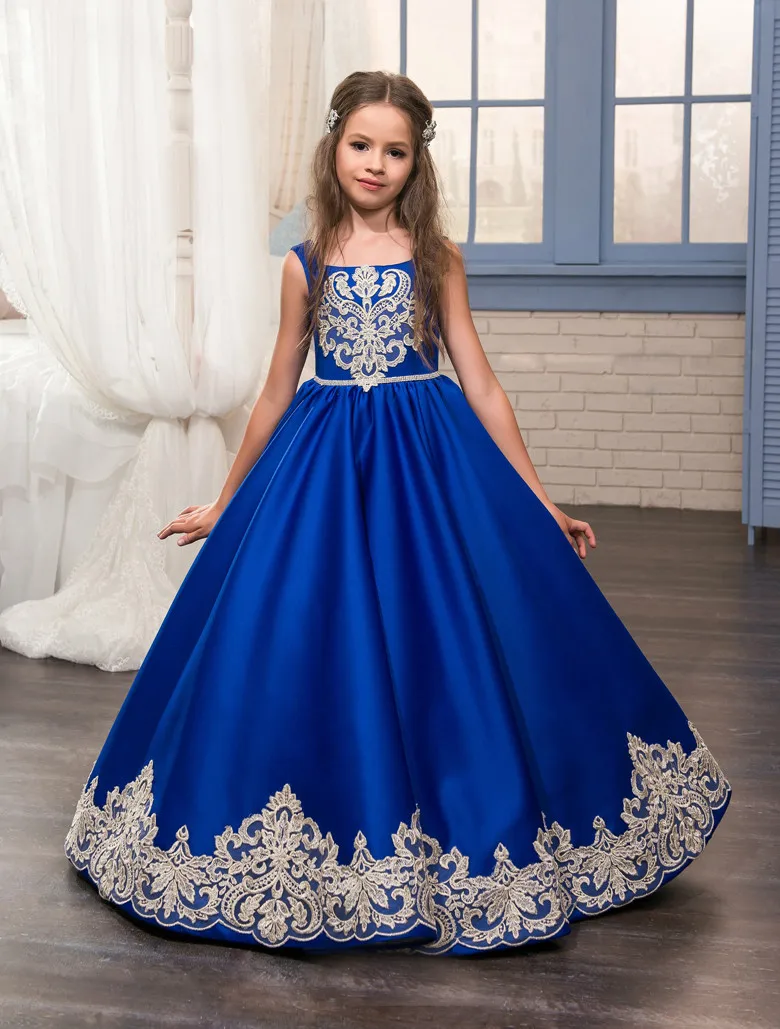 Royal Blue/2018 для девочек в цветочек платья для свадьбы бальное платье Атлас Шнуровка с бантиком Детские Длинные платье для первого причастия