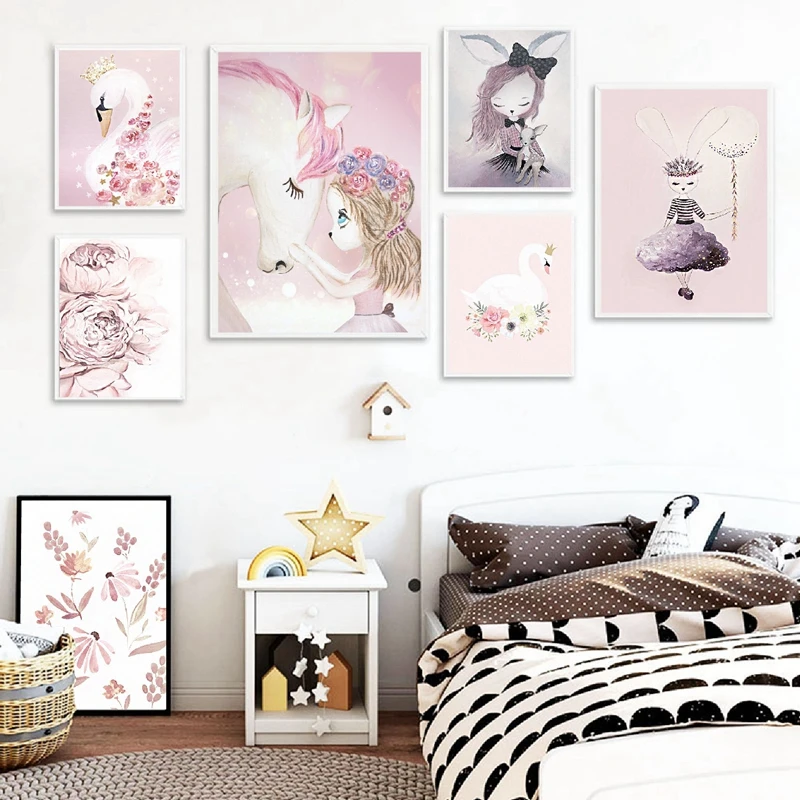 Cartoon Unicorn Canvas Painting Girls Room Decor
