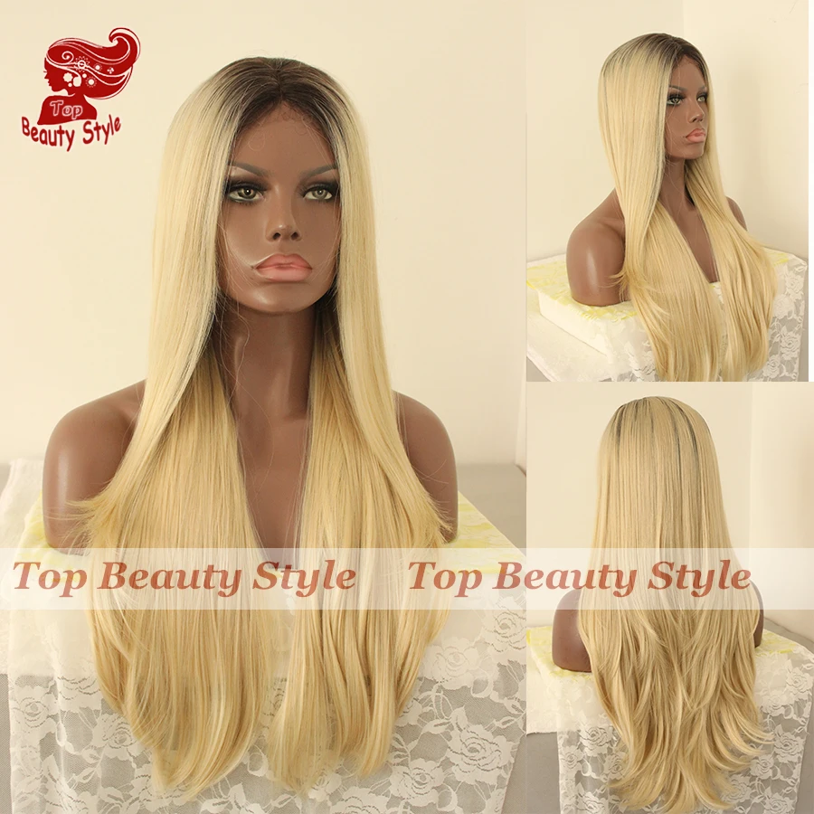 

Fashion Dark Root Ombre Blonde Color Fiber Hair Wigs With Baby Hair Heat Resistant Synthetic Lace Front Wig Two Tone Color Wig
