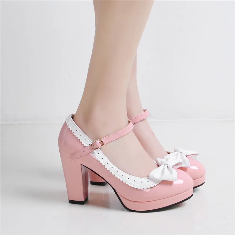 YMECHIC/Коллекция года; женские вечерние туфли в стиле Лолиты на высоком каблуке с бантом-бабочкой; Цвет фиолетовый, розовый; женские туфли-лодочки на платформе и каблуке; сезон лето; большие размеры