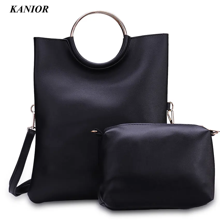 

Women Top-handle Bag Hihg Quality PU Leather Women Handbags Metal Ring handle Composite Bag Soft PU Strap Solid Shoulder Bag