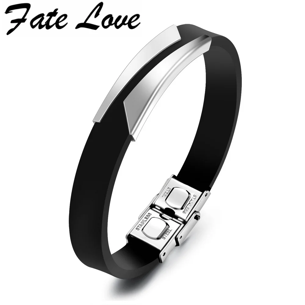 Fate Love Fashion Men Bracelet Bangle Stainless Steel Silicone Rubber Wristband Black Gold Masculine Bracelet Cool Jewelry 1106