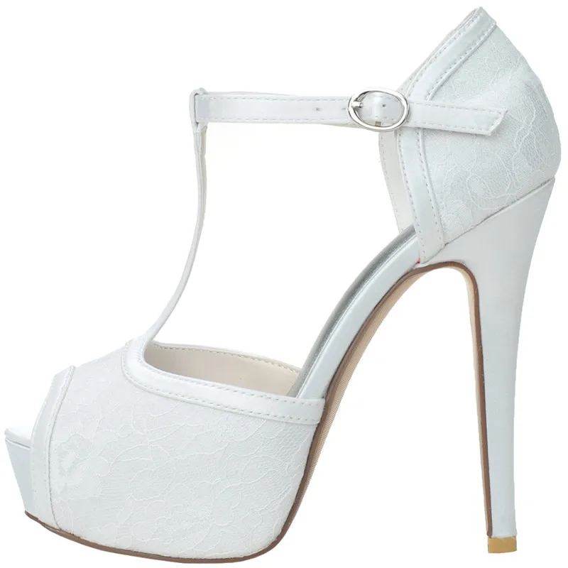 

LOSLANDIFEN Women Platform Pumps 14CM High Heels Peep Toe Floral Lace Wedding Shoes 2019 Ankle Strap Women Bridal Shoes