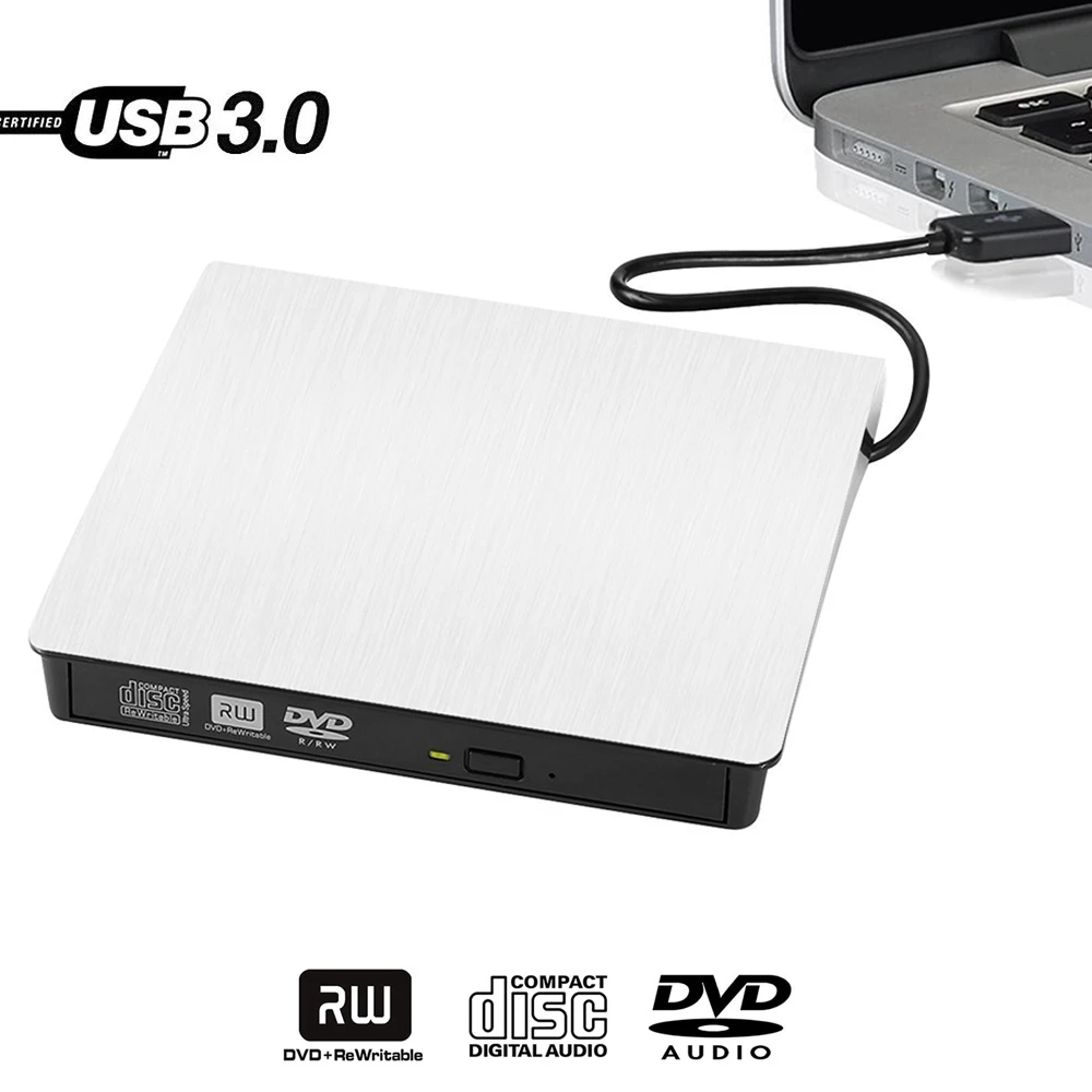 White Slim External USB 3.0 DVD RW CD Writer Drive Burner Reader Player