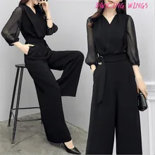 Plus Size Summer Women V-neck Chiffon Jumpsuits Elegant Ladies Black Party Wide Leg Jumpsuits Plus Size Summer Women V-neck Chiffon Jumpsuits Elegant Ladies Black Party Wide Leg Jumpsuits