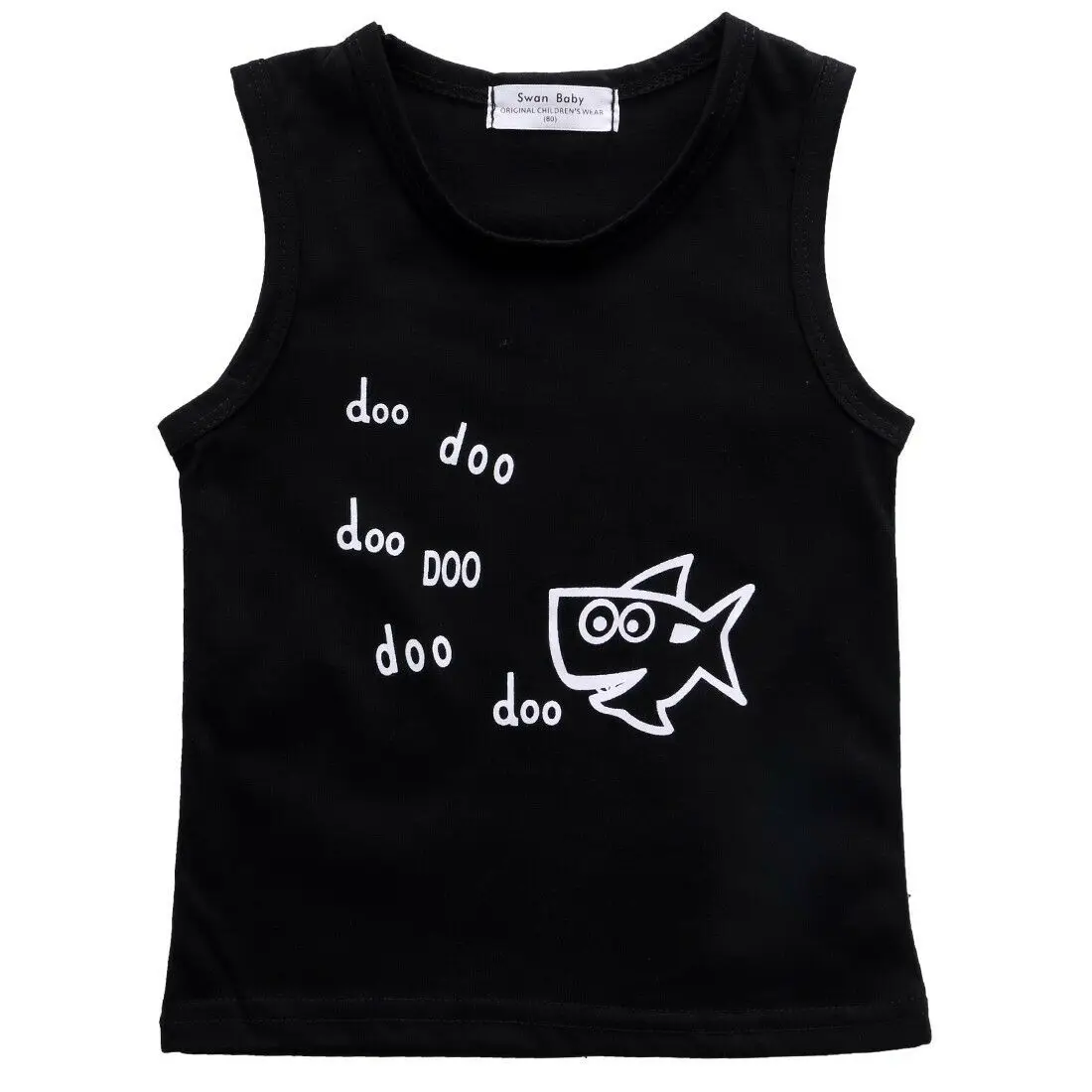 New in Fashion Summer Cute Baby Boys Casual Cotton Sleeveless Black Tops Shark White Short Pants Outfits 2Pcs Set Clothes 0-24M