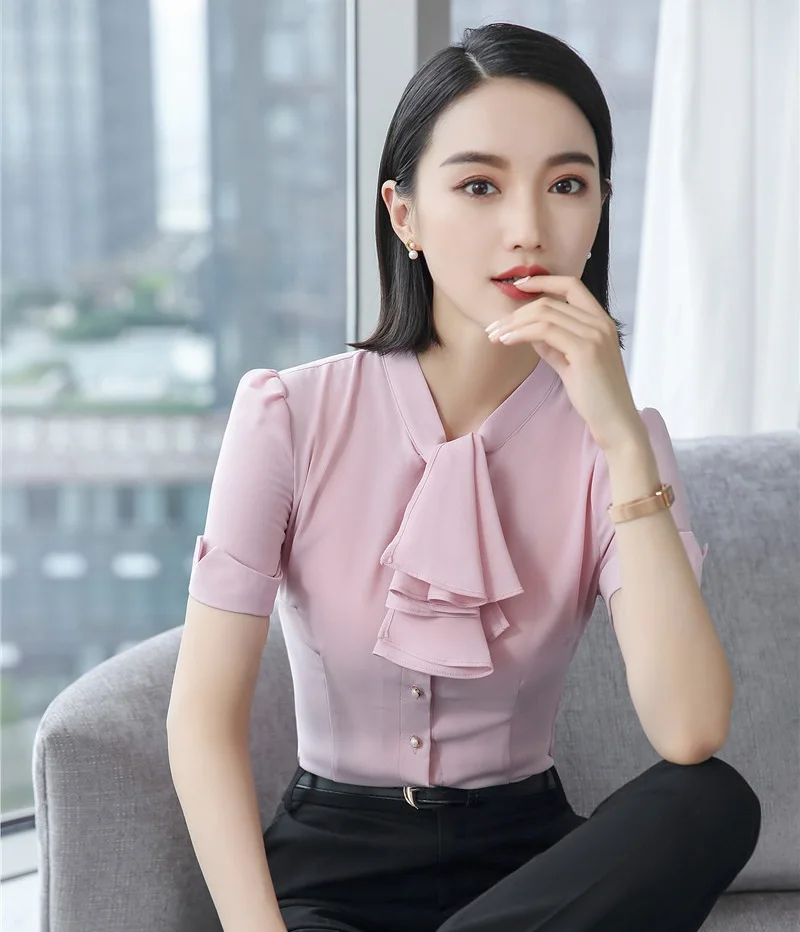 Summer Fashion Women Blouses Pink Short Sleeve Work Wear Clothes Ladies Tops OL Stylesin