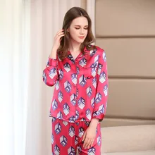 Модная брендовая пижама из натурального шелка, женская модная одежда для сна с принтом, женская пижама из чистого шелка с длинными рукавами, штаны, комплекты из двух предметов, T8007