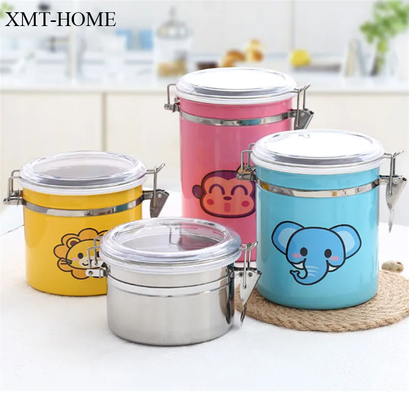 

XMT-HOME cartoon sugar bowls sealed canister jar stainless steel food container sugar tea coffee storage seasoning caster 1pc