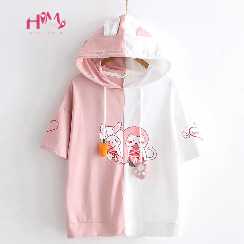 Mori Girl милый аниме милый кролик розовая футболка для женщин японский Kawaii Сердце Кошка пуловер Топы Harajuku кролик Графический Женский тройник