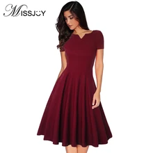 MISSJOY элегантное женское летнее платье с v-образным вырезом и коротким рукавом трапециевидной формы для вечеринок женское винтажное платье до колена в стиле рокабилли 50s цвет красного вина