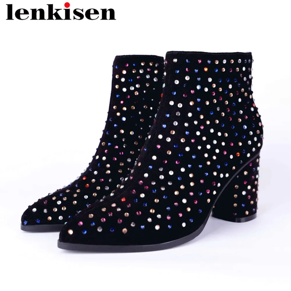 

2019 handmade pointed toe thick high heels zipper colorful crystals genuine leather large size original design ankle boots L02