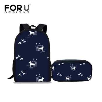 

FORUDESIGNS 2Pcs/set Dark Navy Dogs Printing School Bags for Girls Boys Casual Shoulder Bag Students Large Book Bag Kids Mochila