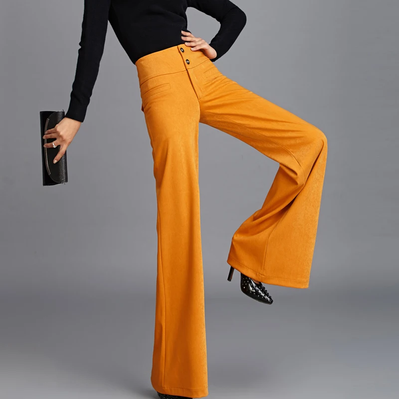 Autumn Spring Fashion Woman High Waisted Orange Wide Leg Trousers